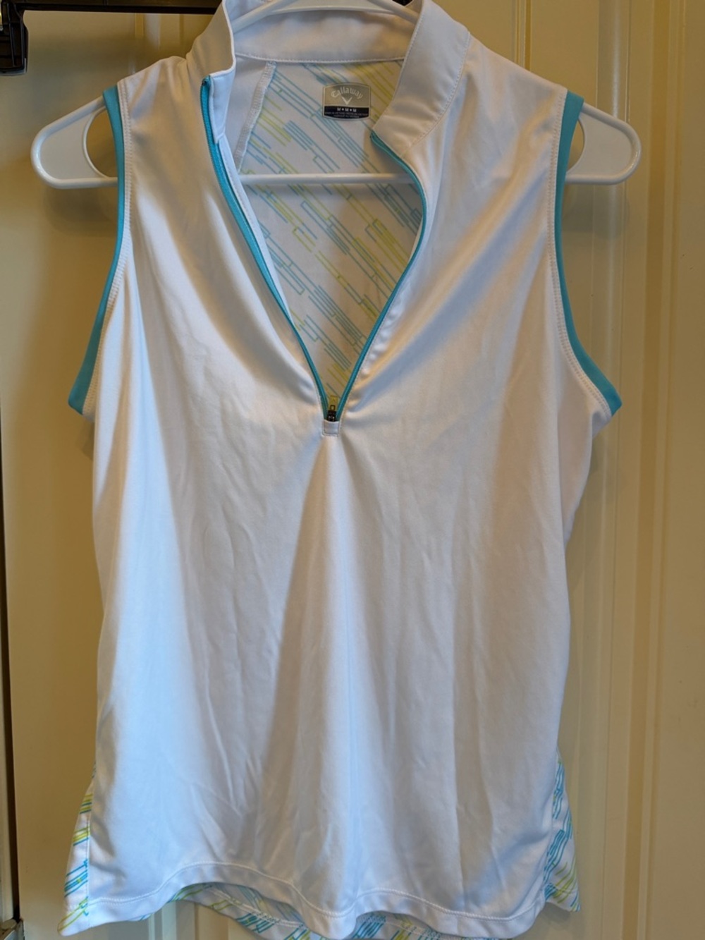Callaway White with Aqua and Lime Striped Sleeveless Golf Polo